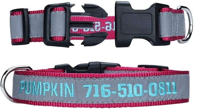 Embroidered Personalized ID Collar, 4 Adjustable Sizes: Extra-Small, Small, Medium, Large with Dog Name Phone, Reflective Pet Pink Collars for Boy & Girl Dogs, X XS M L XL (Embroidery)
