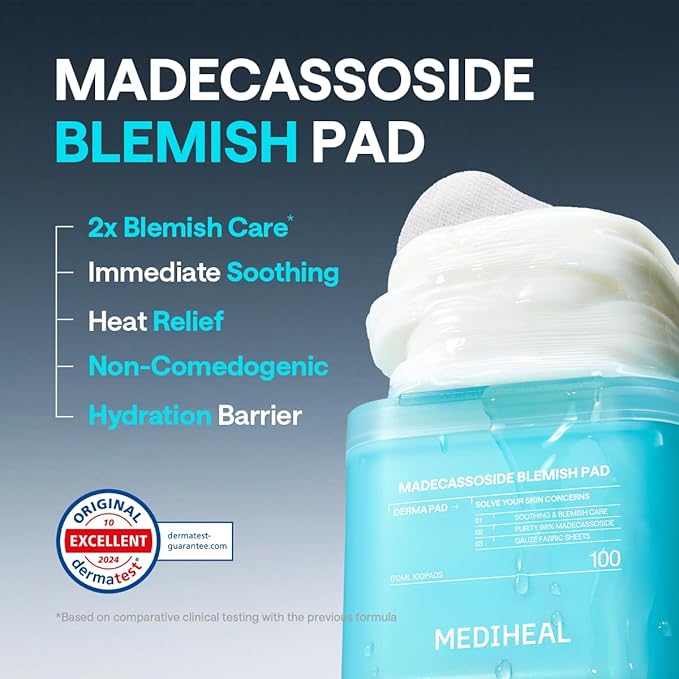 MEDIHEAL Madecassoside Blemish Pad - Square Cotton Facial Toner Pads with Centella Asiatica & Madecassoside – Anti Blemish to Improve Uneven Skin Tone - Vegan Face Gauze Pads, 100