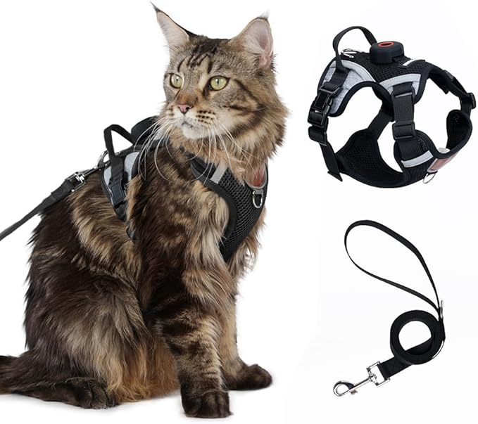 Cat Harness Leash Set with AirTag Holder, Upgraded Escape Proof Vest with Lead for Small Cat Kitten Puppy Small Dog Outdoor Walking, Soft Breathable Mesh Jacket with Reflective Strip (Black, S)