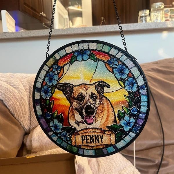 LOVELYPOD Personalized Dog Portrait Stained Glass Suncatcher, Custom Pet Memorial Stained Glass Photo Suncatcher, Dog Loss Keepsake, Pet Loss Gift, Christmas Ornament for Family