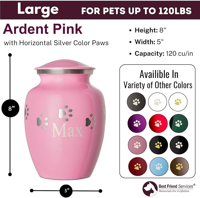 Pet Urn for Dogs and Cats with Personalized Laser Engraving, Ottillie Paws Premier Series Memorial Urns (Large Ardent Pink with Horizontal Pewter Paws)