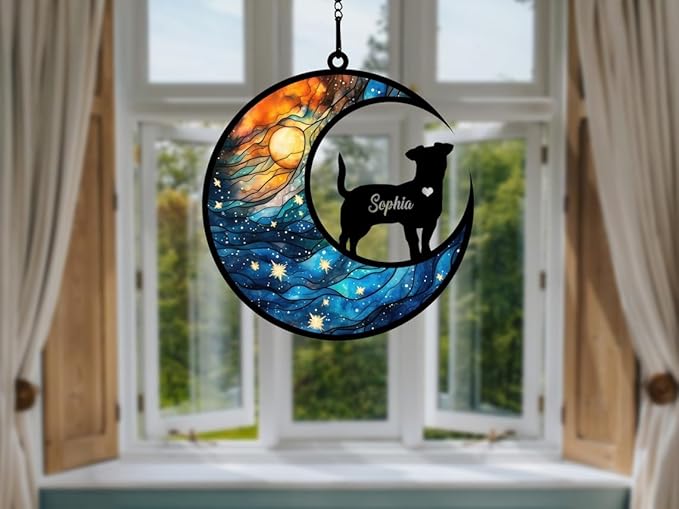 NAZENTI Personalized Dog Suncatcher Memorial Ornament, Dog on Moon for Suncatcher Gifts, Memorial Gift Loss of Dog, Gifts for Dog Lovers Loss of Dog, Memory Remember Dog, Sympathy Dog Window A06