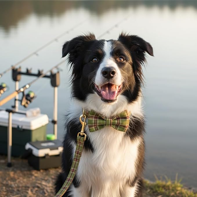 PETDURO Personalized Plaid Dog Collar Tree Green - Engraved Name and Phone Number on Gold Metal Buckle - Custom for Small Medium Large Boy Girl Dogs - Add Leash Bow Tie via Customize Now