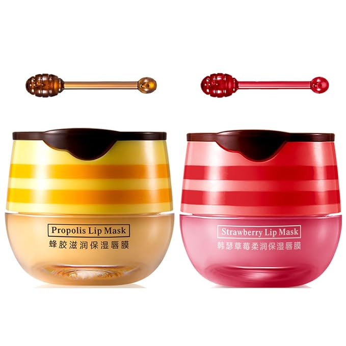2 Pcs Bee Lip Balm Honey Pot,Honey & Strawberry Lip Mask Propolis Moisturizing Lip Balm with Stick,Prevention Dry and Cracked Lip Scrubs,Exfoliator Lip Wrinkle Skin Care Products