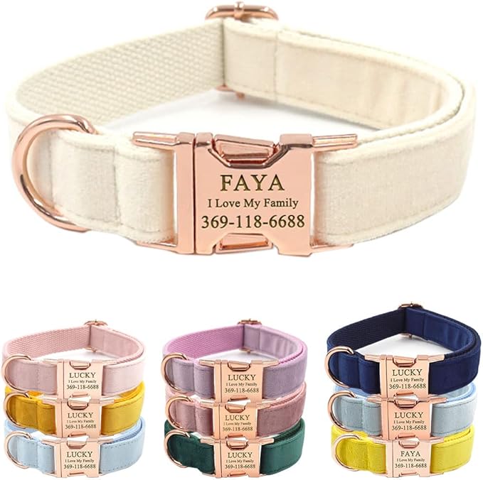 PETDURO Custom Dog Collar Personalized with Name Engraved Quick Release Rose Gold Metal Buckle for Large Medium Small Girl Dogs - Dog Leash and Bow Tie Available - Soft Comfy Velvet (Cream, XL)