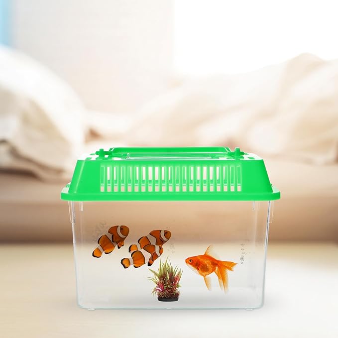 Portable Fish Tank Handheld Fish Tank,Plastic Mini Box Transparent Cutout Design, Plastic Aquarium with Handle for Turtle and Pet (Random Color Lid)