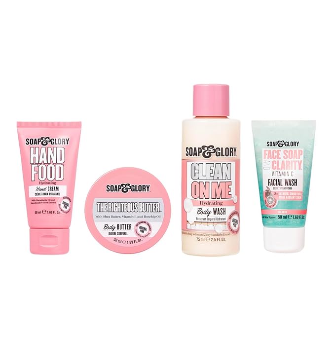 Soap & Glory Star Treatment Skin Care Set - Includes Hand Food Hand Cream, The Righteous Body Butter Cream, Clean on Me Shower Gel & Face Soap and Clarity Vitamin C Facial Cleanser (4 Pieces)