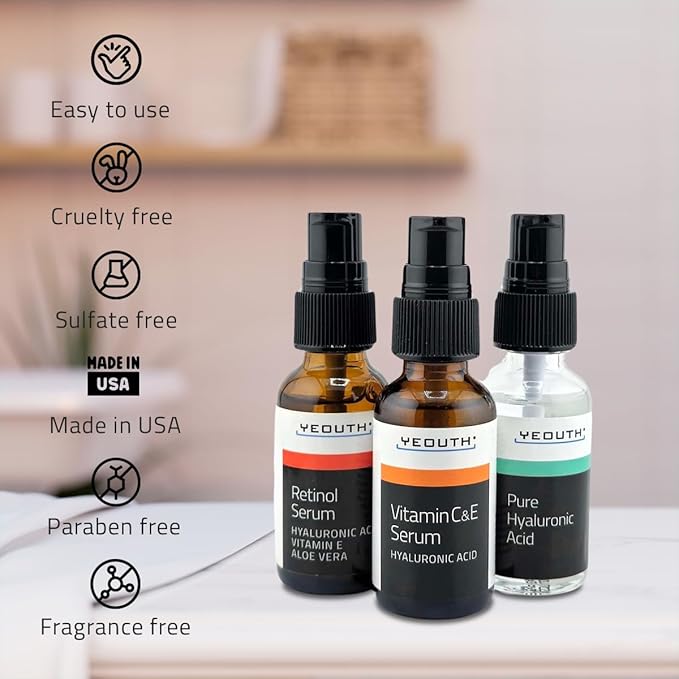YEOUTH Skin Care Set: Retinol Serum for Face, Vitamin C and Hyaluronic Acid Face Serum, Facial Skincare Serums that Targets Appearance of Uneven Skin and Dryness 3x1 oz