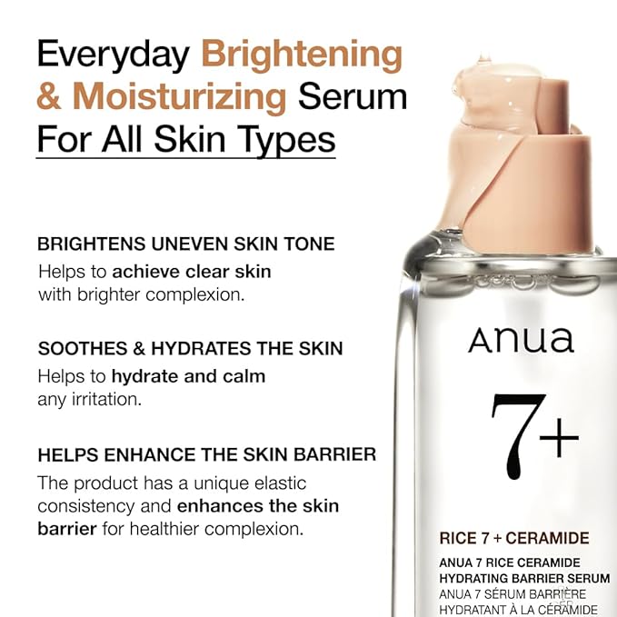 Anua Rice Ceramide 7 Hydrating Barrier Serum, Moisturizing Face Serum, Non-comodogenic, Hyaluronic Acid, Niacinamide, Lightweight, Fragrance Free, Sensitive Dry Skin, Korean Skincare, 1.69 fl oz