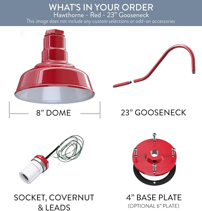 Steel Lighting Co. | Dusk to Dawn | Hawthorne Barn Light | Outdoor Wall Mounted | 8 in Dome | 23 inch Gooseneck| Small Farmhouse Light Made in America | Red Exterior/White Interior