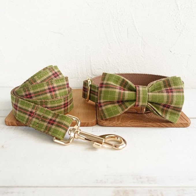 PETDURO Personalized Plaid Dog Collar Tree Green - Engraved Name and Phone Number on Gold Metal Buckle - Custom for Small Medium Large Boy Girl Dogs - Add Leash Bow Tie via Customize Now