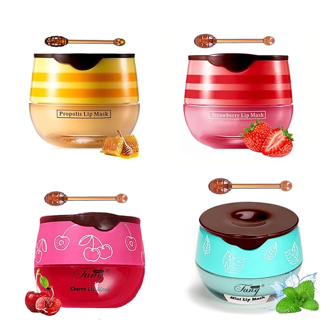 4 PCS Bee Lip Balm Honey Pot,Lip Mask Propolis Moisturizing,Prevention Dry and Cracked Lip Scrubs Exfoliator Lip Wrinkle Skin Care Products (Honey & Cherry & Mint & Strawberry)