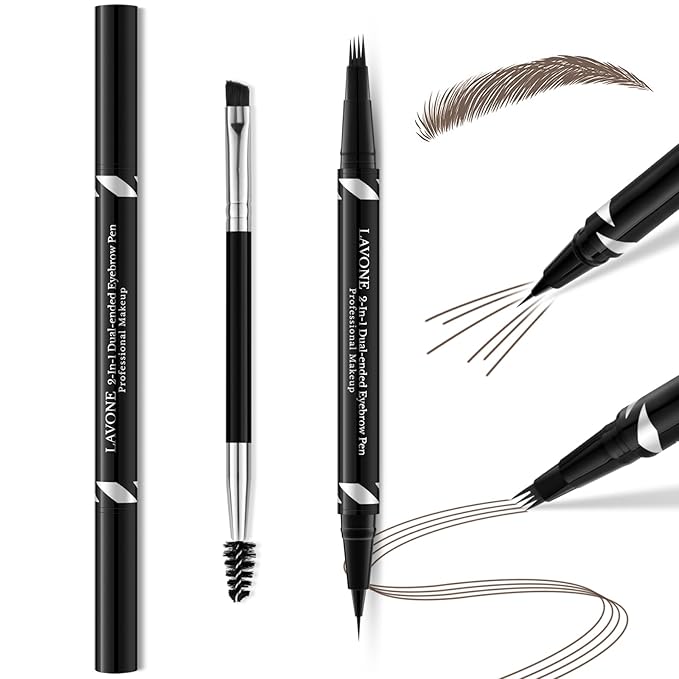 LAVONE 2-IN-1 Dual-ended Waterproof Eyebrow Pencil, with 4 Tip Microblading Pen and Ultra-Precise Brow Pencil, Dual-ended Eyebrow Brush, for Natural Looking Dark Brunette