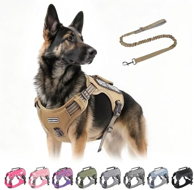 Tactical Dog Harness with Leash for Large Dogs, No Pull Adjustable Dog Harness, Reflective K9 Working Pet Vest for Walking, Training (Khaki, L)