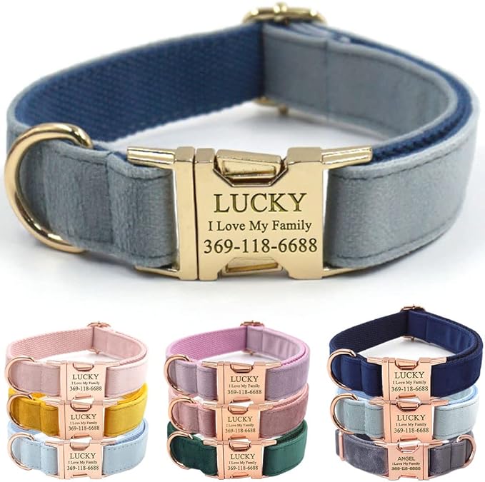 PETDURO Personalized Dog Collar Haze Blue Soft Velvet for Large Medium Small Boy Girl Dogs - Custom Collar with Name Phone Number Engraved on Gold Metal Buckle - Add Leash Bow Set via Customize Now