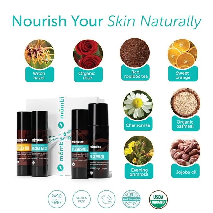 Mambino Organics Third Trimester Skincare Set, Pregnancy Skin Care Kit with Belly Oil, Rose Facial Mist, Cleansing Oil, Face Wash + Free Bag