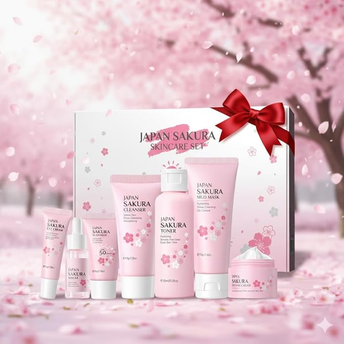Sakura Skin Care Set, Skincare for Girls 10-12, 7Pcs Skincare Gift Set for Teens Complete Skincare Routine, Travel Size Skincare Set with Mud Mask, Kids Skin Care Set for Girls Ages 8-12
