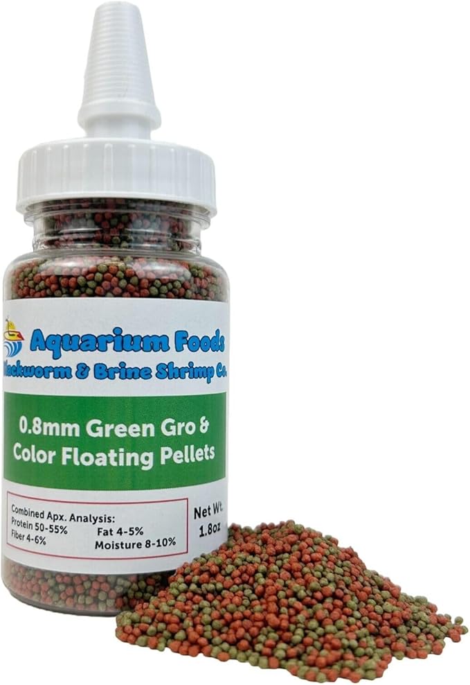 Aquatic Foods Inc. 0.8mm Micro Pellet Mix of Intense Color Enhancing & Spirulina Green GRO Floating Pellets for Guppies, Tetras, Bettas, Nano Fish, Baby Fish…1.8oz Squeeze Bottle