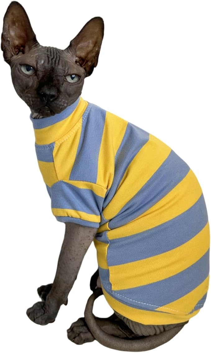 Sphynx Cat Clothes Shirts for Hairless Cat, Wide Stripe Cats Apparel, Kitten Summer Cotton T-Shirts with Sleeves for Cornish Rex, Devon Rex, Peterbald (Blue & Yellow, XX-Large)