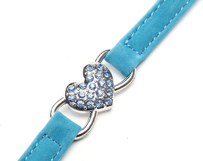 CHUKCHI Pink Soft Velvet Safe Cat Adjustable Collar with Crystal Heart Charm and Bells 8-11 Inches (Blue)