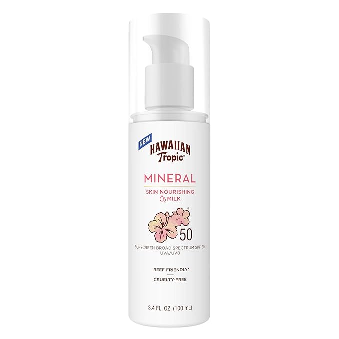 Hawaiian Tropic Skin Nourishing Milk Mineral Sunscreen Lotion SPF 50, 3.4Fl Oz | Travel Size Sunscreen Zinc Oxide, Sun Milk, Mineral Sunblock SPF 50, Oxybenzone Free, 3.4Fl Oz