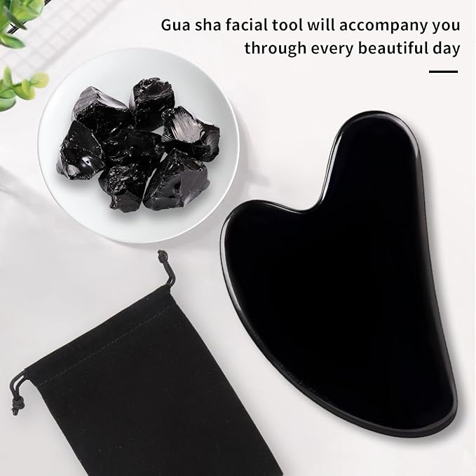 Gua Sha Facial Tools, Natural Obsidian Guasha Tool for Face,Double Chin & Jawline, Gua Sha Stone Self-Skin Care Face Stone Gua Sha tools for Women Guasha Stone, Black