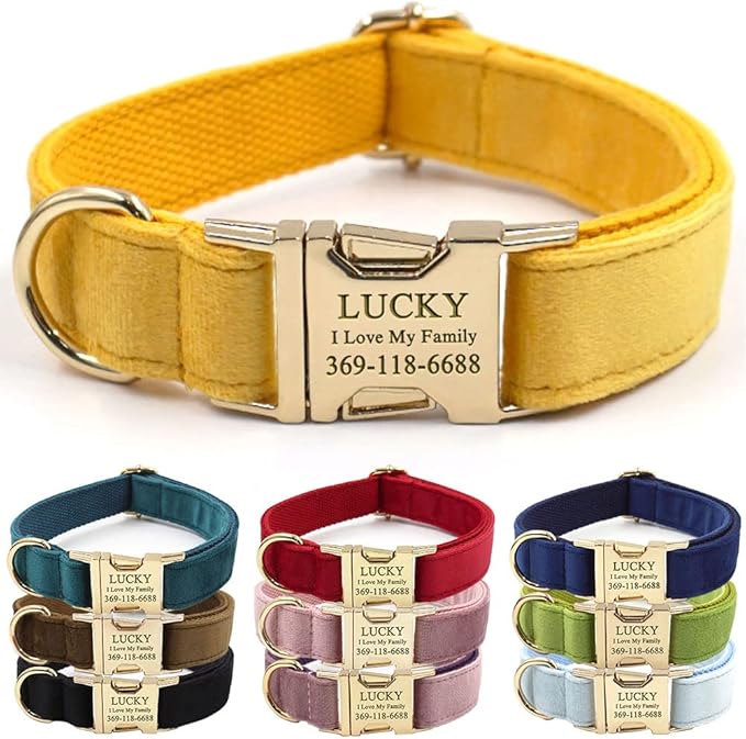 PETDURO Personalized Dog Collar Ginger Soft Velvet for Large Medium Small Boy Girl Dogs - Custom Collar with Name Phone Number Engraved on Gold Metal Buckle - Add Leash Bow Set via Customize Now