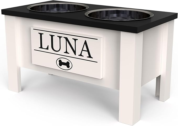 GTW Personalized Elevated Dog Bowl Stand for Large, Medium, Small, X-Small Dogs - Stainless Steel Food and Water Bowls - Raised Dog Dish with Internal Storage (Large, Black)