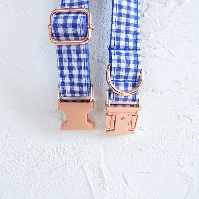 PETDURO Personalized Gingham Plaid Dog Collar Blue - Engraved Name and Phone Number on Rose Gold Metal Buckle - Custom for Small Medium Large Boy Girl Dogs - Add Leash Bow Tie via Customize Now
