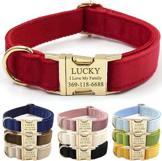 PETDURO Personalized Dog Collar Red Soft Velvet for Large Medium Small Boy Girl Dogs - Custom Collar with Name Phone Number Engraved on Gold Metal Buckle - Add Matching Leash Bow Set via Customize Now