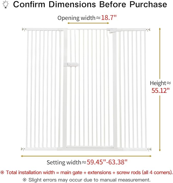 Lumizone Extra Tall Cat Gate 55.12" High Pressure Mounted Extra Wide 2025 New (17 Sizes) 1.37" Gap No Drilling Auto-Close One-Handed Operation Tall Pet Gate for Dogs(White, 55.12" H x 59.45"-63.38" W)