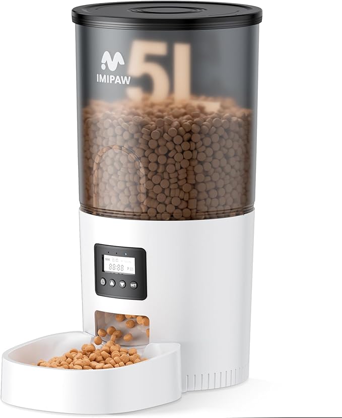 IMIPAW Automatic Cat Feeders, 5L Large Capacity, Timed Feeding Dry Food, Dual Power Design, Programmable Portion Size, 1-6 Meals Per Day, with Desiccant Packet, Suitable for Small Pets Food Dispenser