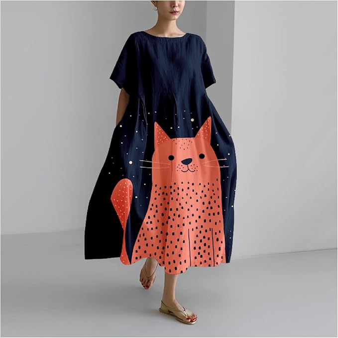MARSVOVO Summer Dress for Women Funny Cat Graphic Cute Short Sleeve Maxi Dress Causal Plus Size Party Dress for Women