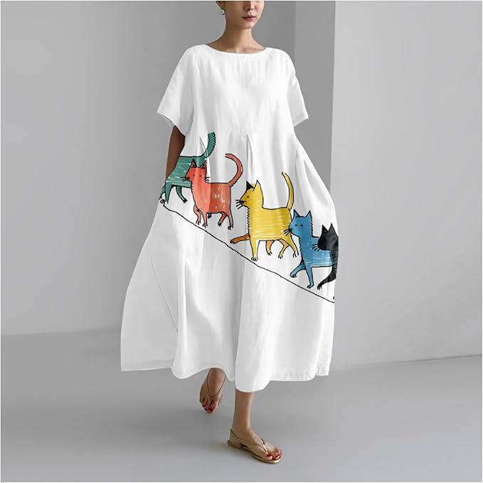 MARSVOVO Summer Dress for Women Funny Cat Graphic Cute Short Sleeve Maxi Dress Causal Plus Size Party Dress for Women