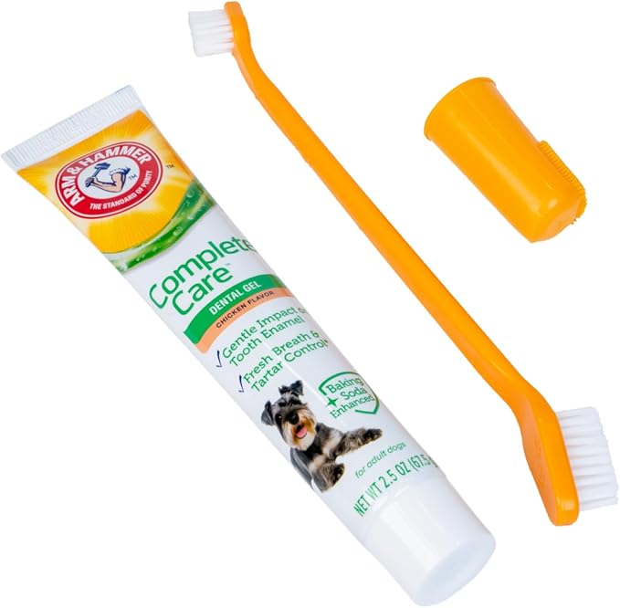 Arm & Hammer Complete Care Dental Gel Dog Toothbrush Kit, Gel Dog Toothpaste, Toothbrush, Finger Brush, Fresh Breath, Tartar Control, Baking Soda Enhanced Pet Dental Supplies, Chicken Flavor, 2.5oz