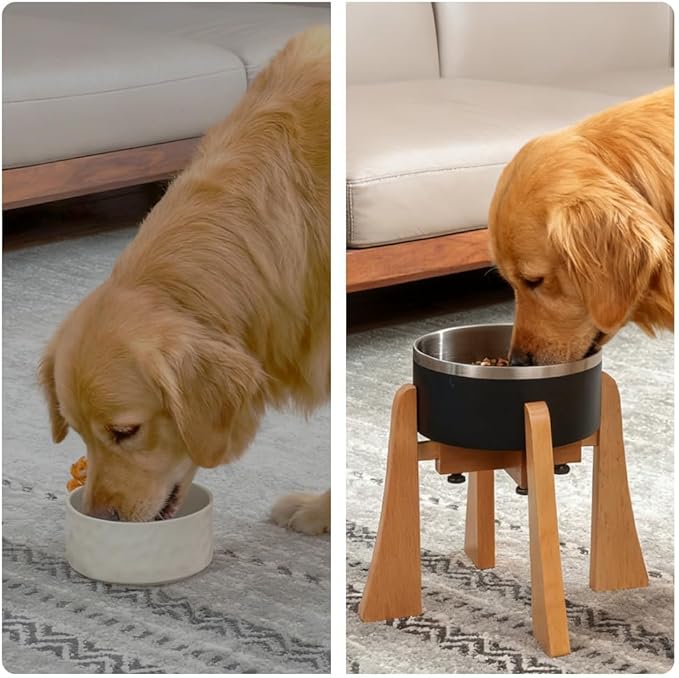 Beech Dog Bowl Stand for Medium Large Dogs,Elevated Dog Bowl Large Breed,Raised Bowl Stand，Adjustable Width for Different Bowls,Feeding Station with Non-Slip Feet (10-inch High)