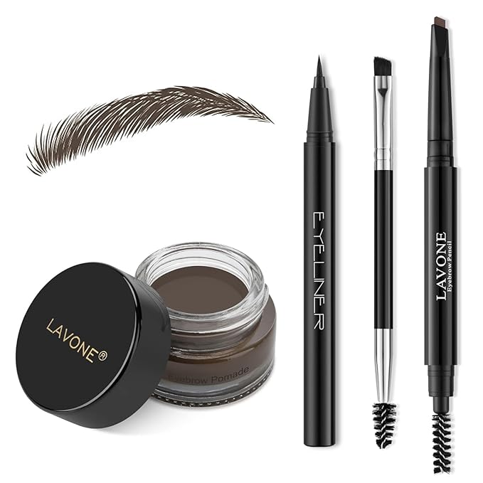 LAVONE Eyebrow Stamp Pencil Kit for Eyebrows, Makeup Brow Stamp Trio Kit with Waterproof Eyebrow Pencil, Eyeliner, Eyebrow Pomade, and Dual-ended Eyebrow Brush - Medium Brown
