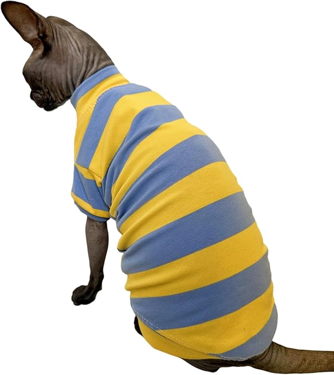 Sphynx Cat Clothes Shirts for Hairless Cat, Wide Stripe Cats Apparel, Kitten Summer Cotton T-Shirts with Sleeves for Cornish Rex, Devon Rex, Peterbald (Blue & Yellow, XX-Large)