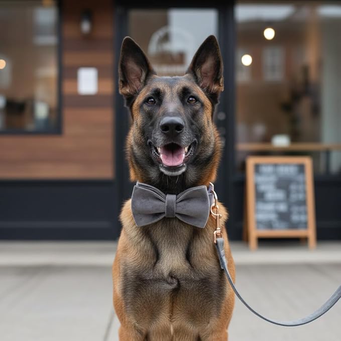 PETDURO Custom Dog Collar Personalized with Name Engraved Quick Release Rose Gold Metal Buckle for Large Medium Small Girl Dogs - Dog Leash and Bow Tie Available - Soft Comfy Velvet (Grey, S)