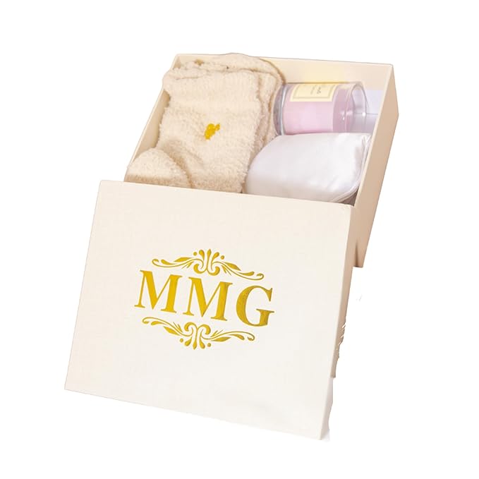 Spa Gift Set for Women – Relaxation Kit with Candle, Fuzzy Socks, Satin Eye Mask, Dried Flower Greeting Card – Gift Box for Birthday, Thank You, Bridesmaid (Ivory White)