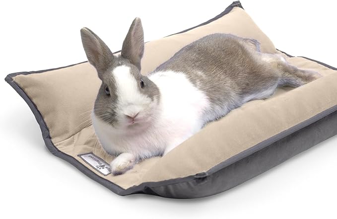 Paw Inspired Snuggle Bunny Bolster Bed for Rabbits, Cats, Dogs, Small Pets, 17x17-Inch Reversible Fleece Flop Bedding with Padded Sides (Gray/Beige)
