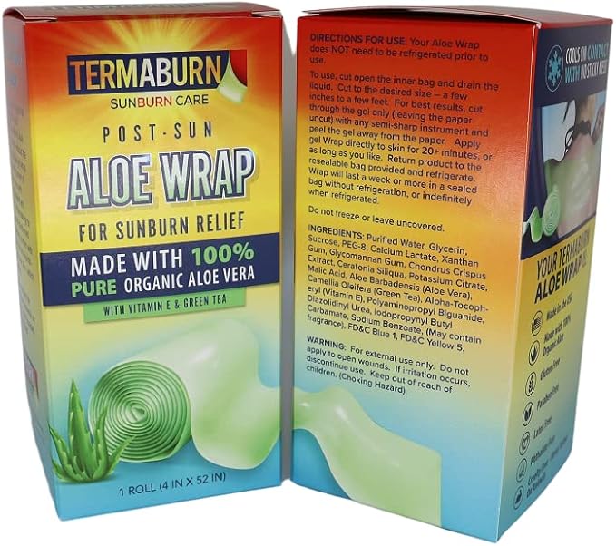 TermaBurn Aloe Wrap for Sunburn Relief – Hydro-Gel Aftersun Treatment with 100% pure aloe vera Gel | Second Skin aloevera gel for burns and peeling irritation | Great for Tattoo Aftercare and Sun Care