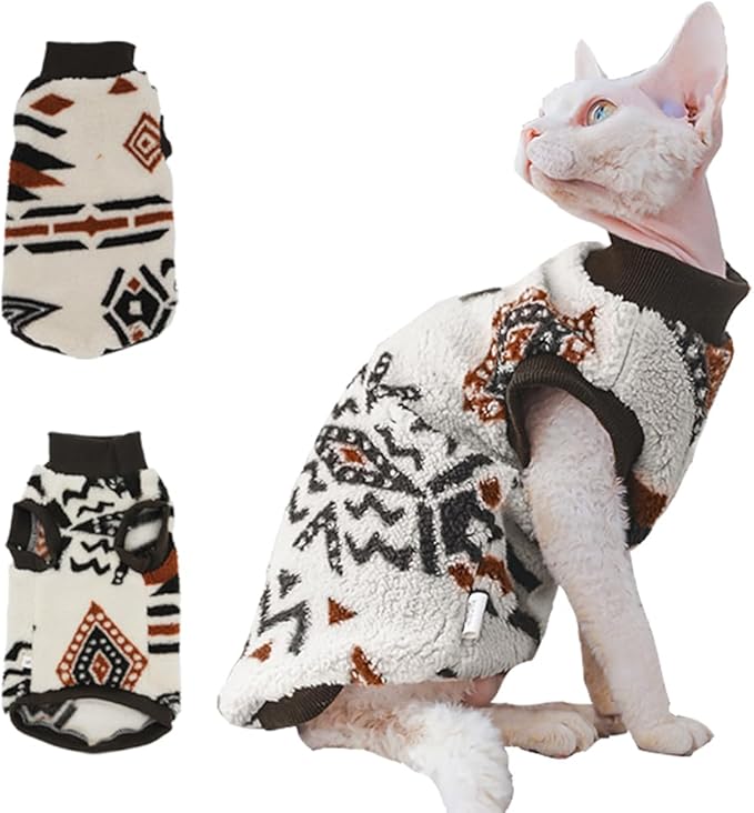 Sphynx Cat Clothes,Boho Style Cat Clothes for Fall Winter, 2-Legged Fleece Lined Warm Shirt, Soft Plush Sweater for Hairless Cats Devon Rex (Beige, Large (5-6.5 lbs))