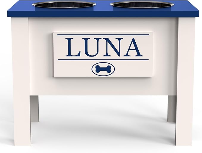 GTW Personalized Elevated Dog Bowl Stand for Large, Medium, Small, X-Small Dogs - Stainless Steel Food and Water Bowls - Raised Dog Dish (X-Large, Blue)