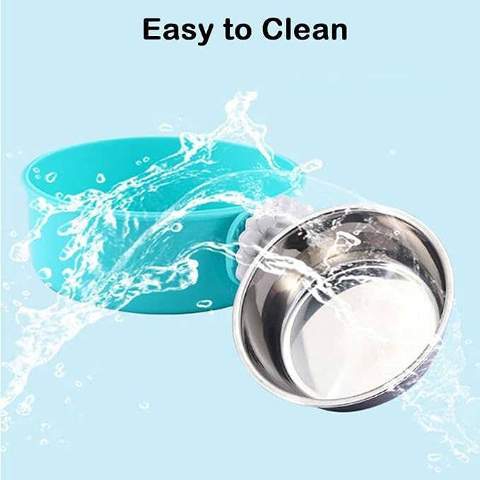 2 Pcs Crate Dog Bowl, Removable Stainless Steel Hanging Pet Food Water Feeder Pet Kennel Cage Bowl for Puppy Cat Rabbit Ferret Guinea Pig (Pink&Blue)