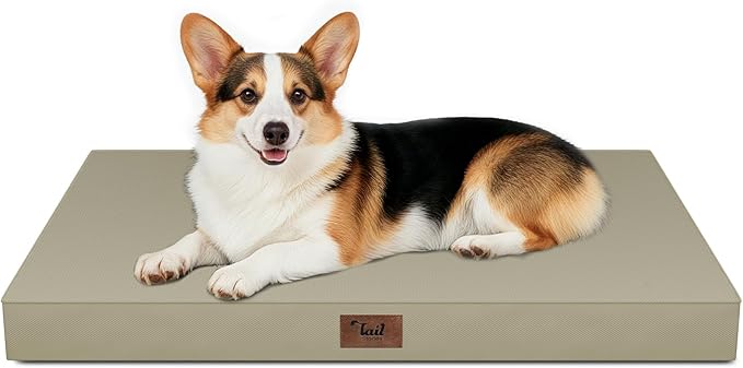 Large Outdoor All Weather Dog Bed, Waterproof Pet Bed for Large Dogs, Orthopedic Egg Crate Foam with Washable Removable Oxford Cooling Cover, 36x27 Inch, Khaki