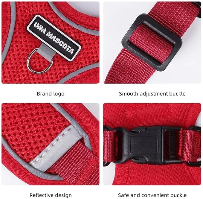 Dog Harness and Leash Set, Adjustable Triangle, Reflective Adjustable Puppy Vest, No Pull Soft Mesh Harness for Small, Medium Dogs, Cats (Red, L)