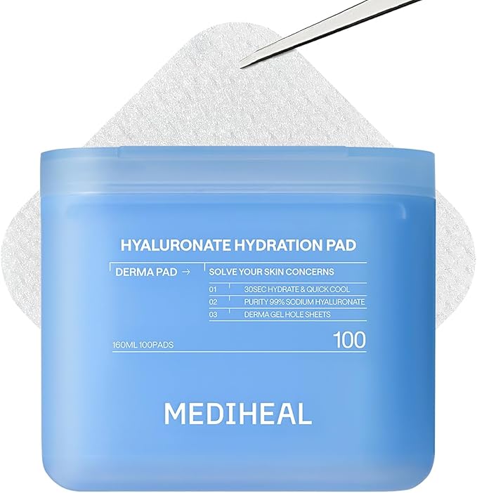 MEDIHEAL Toner Pads [Hyaluronate] - 99% Pure Low-Molecular Hyaluronic Acid - Intensive Hydration & Soothing - Contains Squalane to Increase Absorption Rate - Vegan Derma Gel Texture Pad (100 Count)