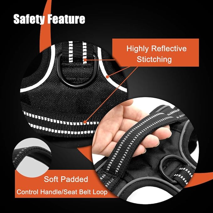 PHOEPET No Pull Dog Harness Medium Reflective Front Clip Vest with Handle,Adjustable 2 Metal Rings 2 Buckles(XL, Grey)