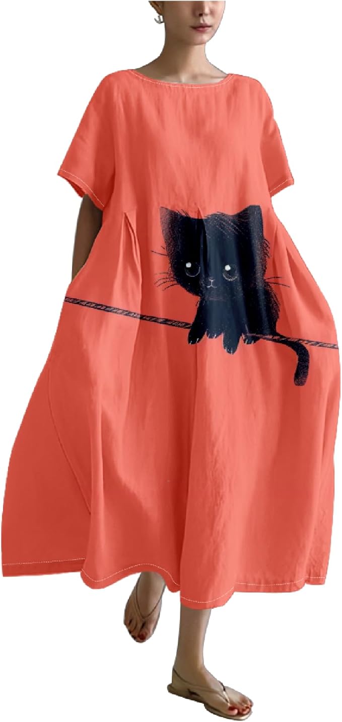 MARSVOVO Summer Dress for Women Funny Cat Graphic Cute Short Sleeve Maxi Dress Causal Plus Size Party Dress for Women